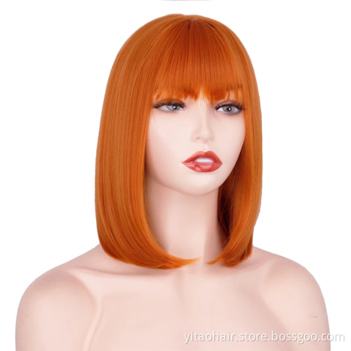 Anogol Cheap colorful  Synthetic hair Bob Wigs With Bangs  copper ginger orange  silk straight synthetic hair  wigs